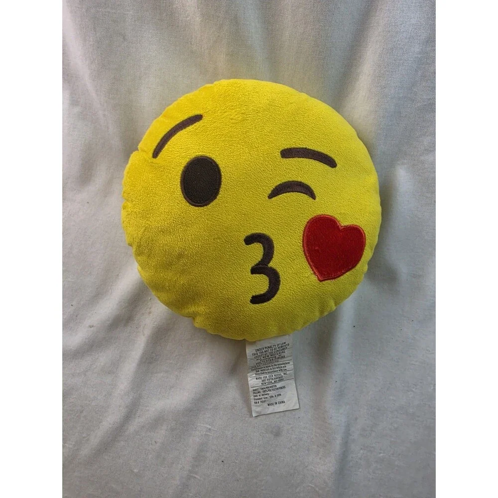 Winking Kiss Emoji Yellow Round Plush Throw Pillow